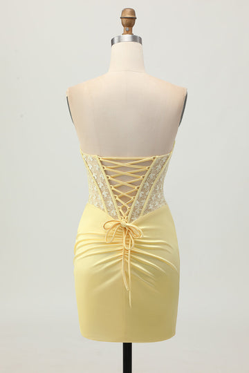 Yellow Satin Corset Tight Short Prom Dress with Lace Up Back